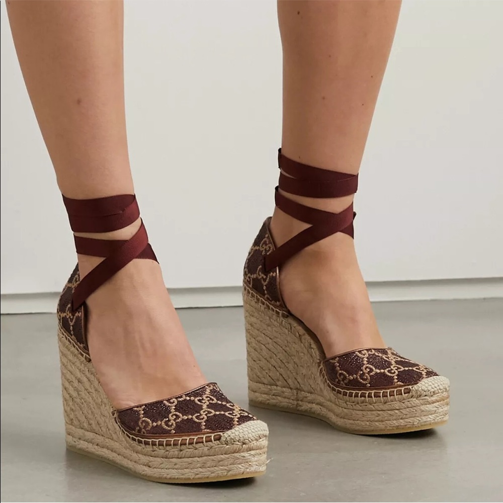 Gucci Heritage Lame GG Logo Platform Espadrille Lace Up Rare